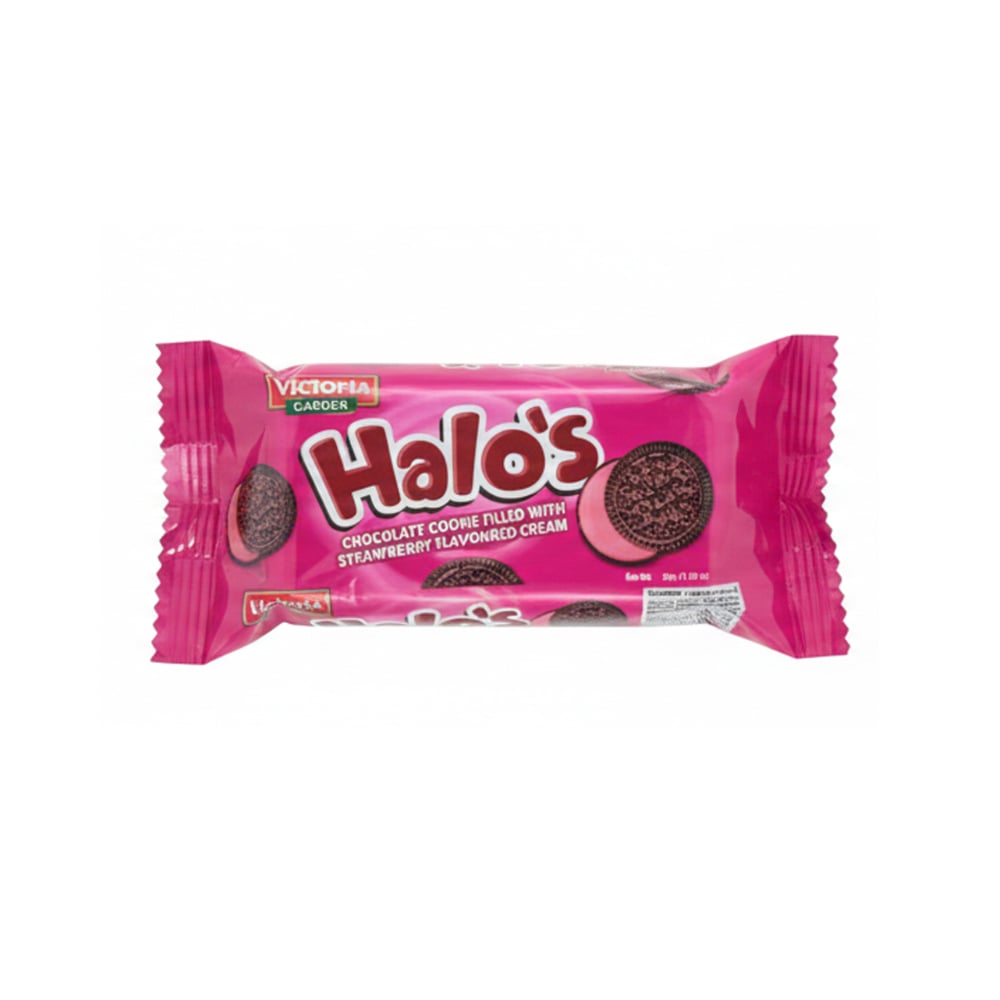 Galletas de chocolate rellenas con crema sabor fresa Victoria Garden Halo’s (30 g / 1.05 oz) - Imagen 1