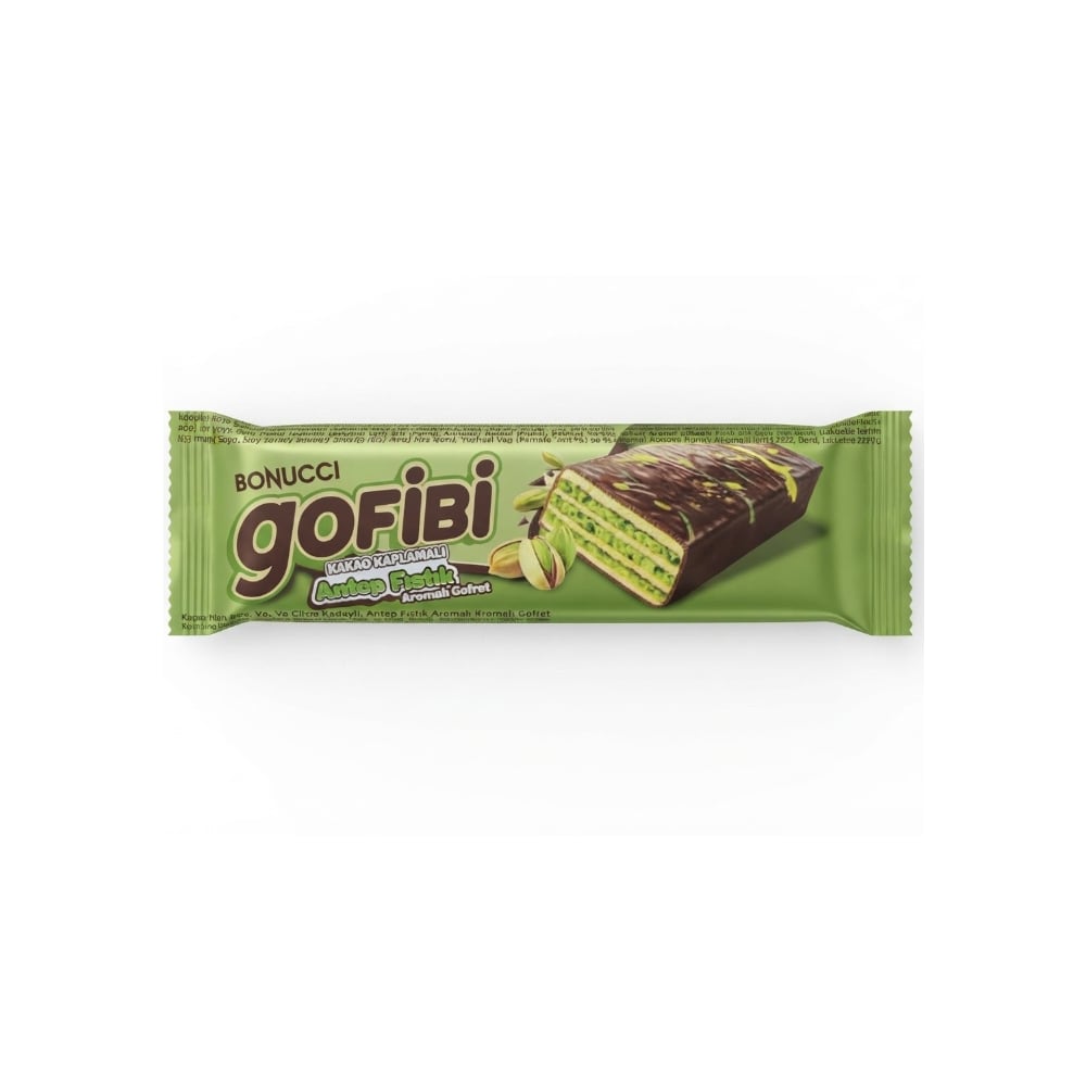 Oblea rellena de crema de pistacho y cubierto con cacao Gofibi Bonucci (36 g / 1.27 oz) - Imagen 1