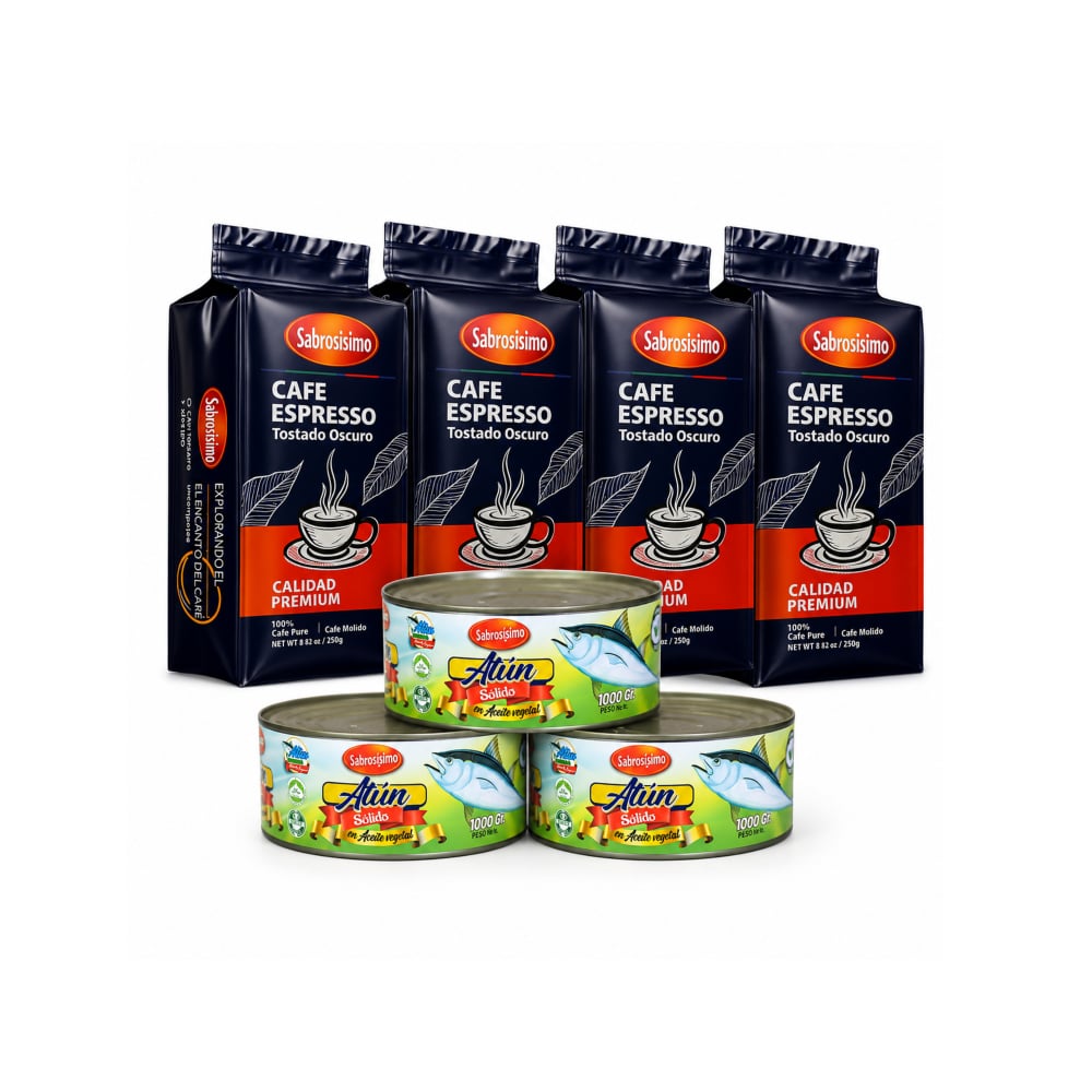 Combo Trozos de atún en aceite Sabrosísimo (3 x 1 kg / 2.2 lb) +Café espresso tostado y molido premium Sabrosísimo (4 x 250 g / 8.81 oz) - Imagen 1