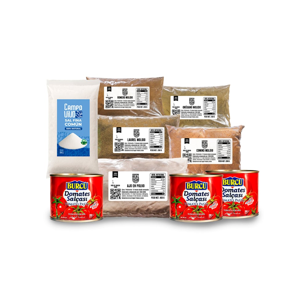 Combo completo de Sazones: Pasta de tomate Burcu + Sal fina común Campo Vivo + Ajo en polvo Cosecha Real + Laurel molido Cosecha Real + Comino molido Cosecha Real + Orégano molido Cosecha Real + Romero molido Cosecha Real - Imagen 1