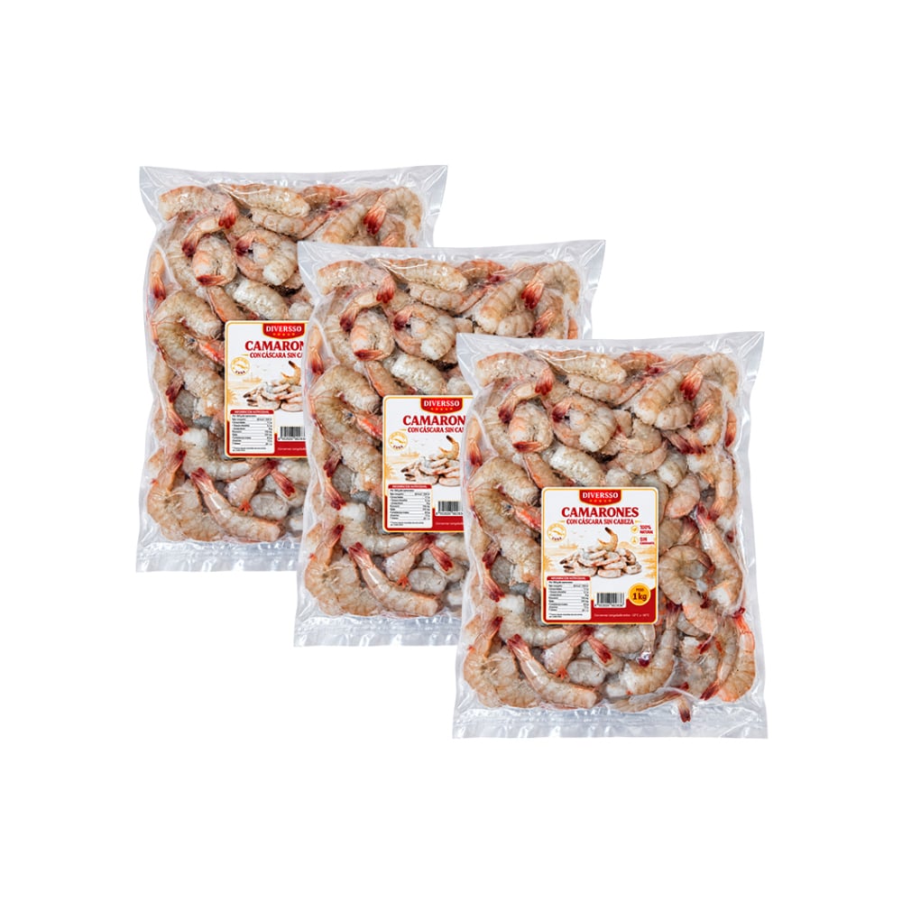 Camarones con cáscara sin cabeza Diversso (3 x 1 kg / 2.2 lb) - Imagen 1