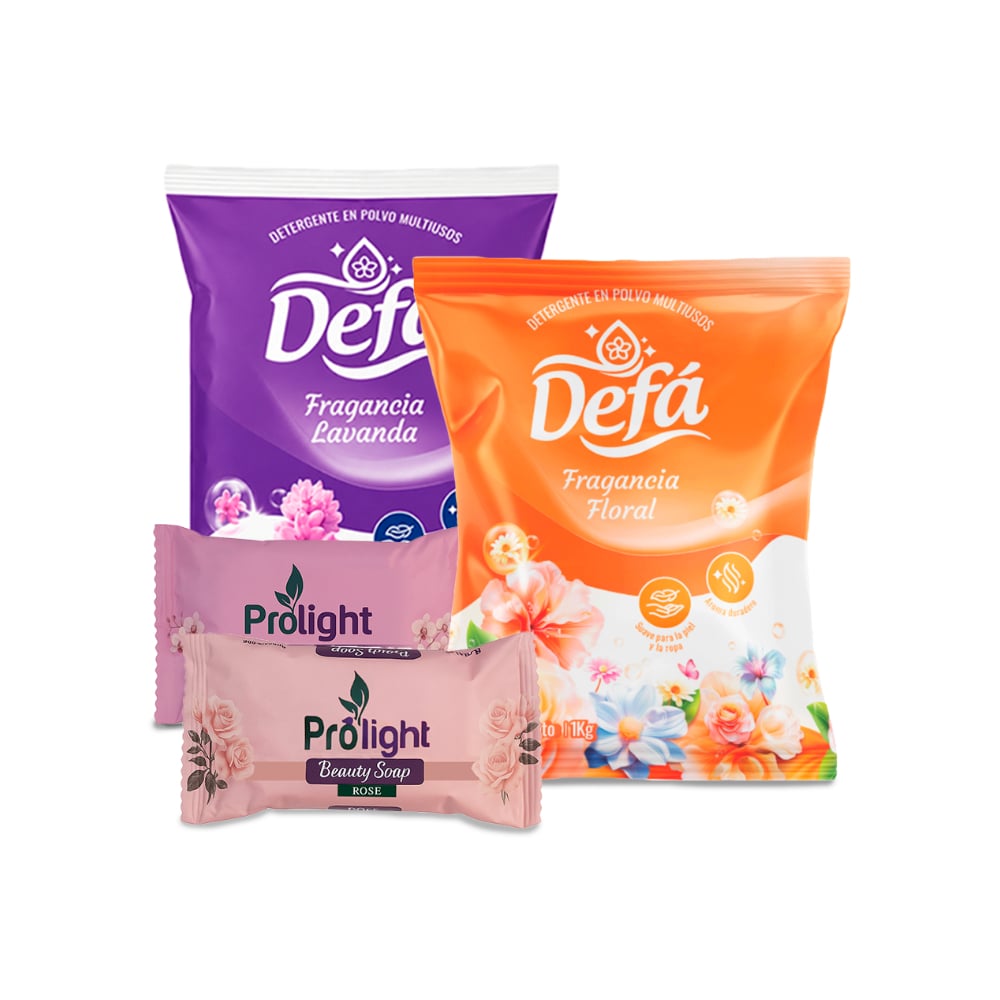 Combo de jabones y detergentes #5: Detergente en polvo multiusos fragancia floral Defá + Detergente en polvo multiusos fragancia de lavanda Defá + Jabón de belleza Prolight - Imagen 1