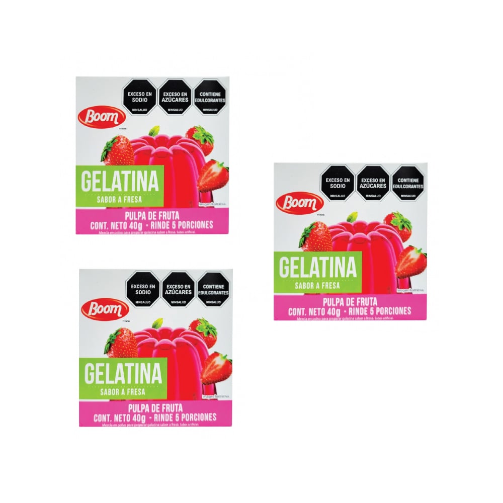 Gelatina sabor fresa Boom (3 x 40 g / 1.4 oz) - Imagen 1