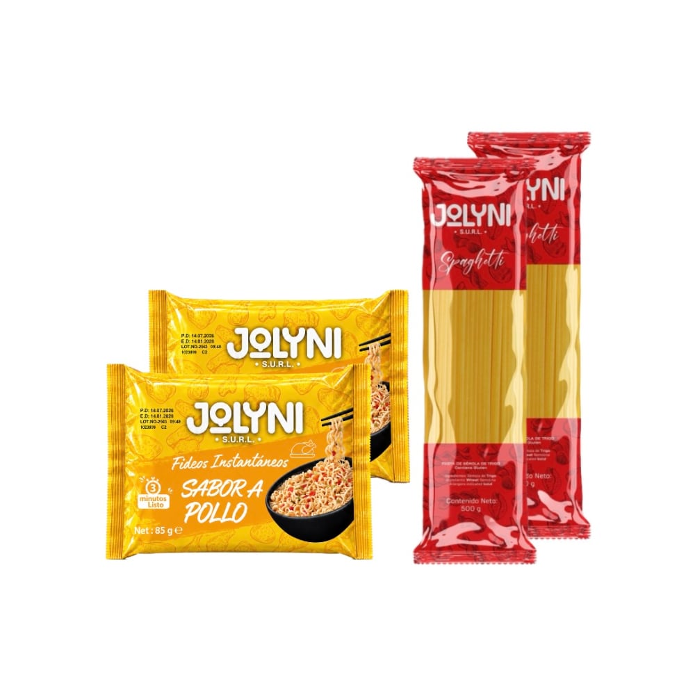 Mixto de fideo y pasta: Sopa de fideos instantáneos sabor pollo  Jolyni (2 x 85 g / 3 oz)  + Spaghetti Jolyni (2 x 500 g / 17.63 oz) - Imagen 1