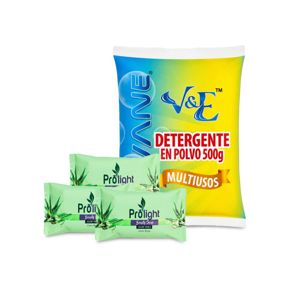 Combo básico de higiene y limpieza #7: Detergente en polvo multiuso con aroma floral Lavane + Jabón de belleza con fragancia a Aloe vera Prolight - Imagen 1