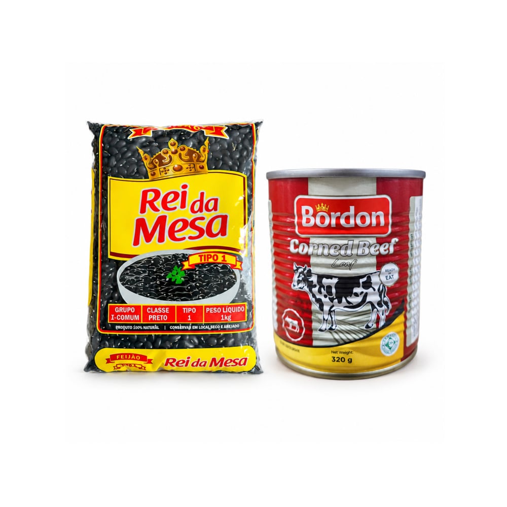Frijoles negros tipo 1 Rei da Mesa Feijao (1 kg / 2.2 lb) + Carne enlatada de res en conserva salada Bordon (320 g / 0.71 lb) - Imagen 1