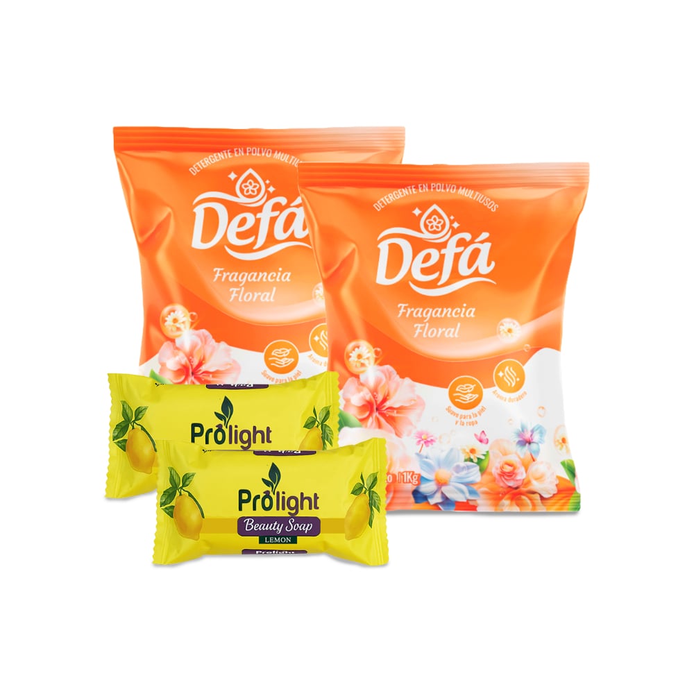 Combo de jabones y detergentes #2: Detergente en polvo multiusos fragancia floral Defá + Jabón de belleza con fragancia a limón Prolight - Imagen 1