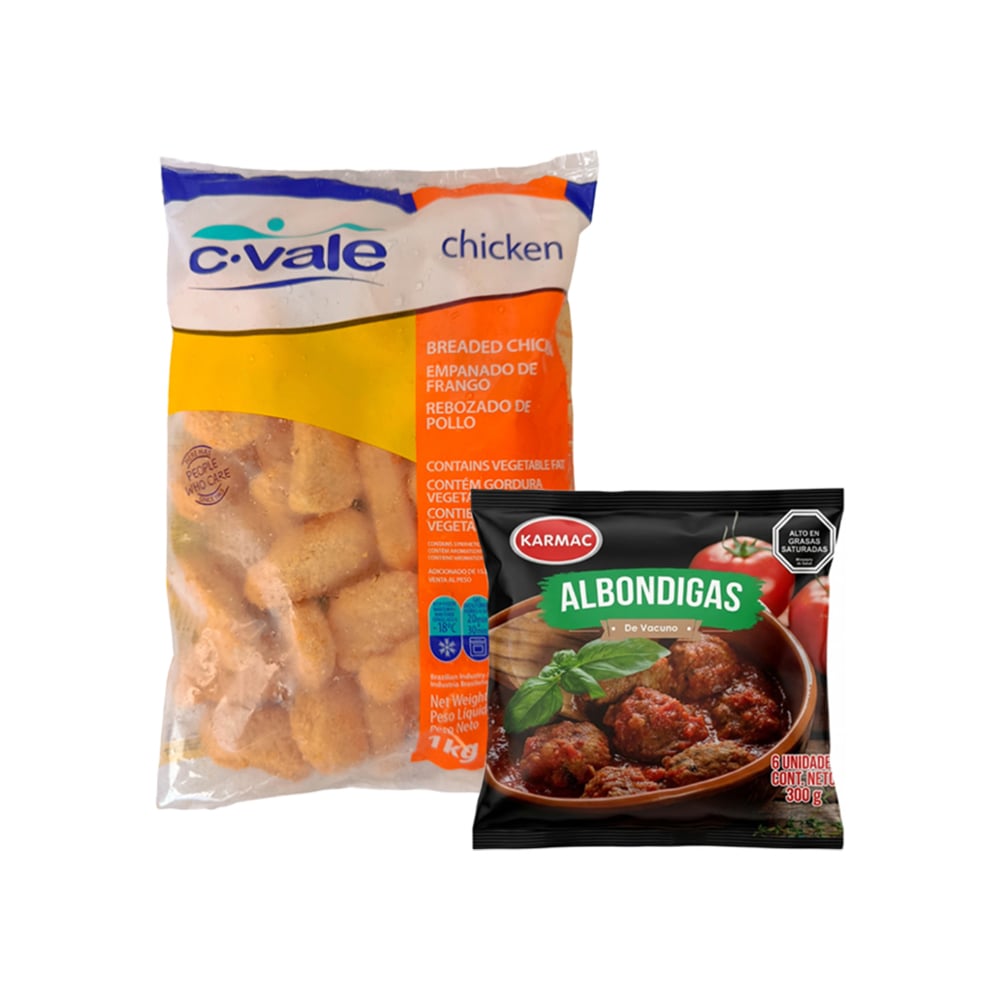 Combo: Rebozado de pollo C.Vale (1 kg / 2.2 lb)+Albóndigas de res Karmac (300 g / 10.58 oz) - Imagen 1