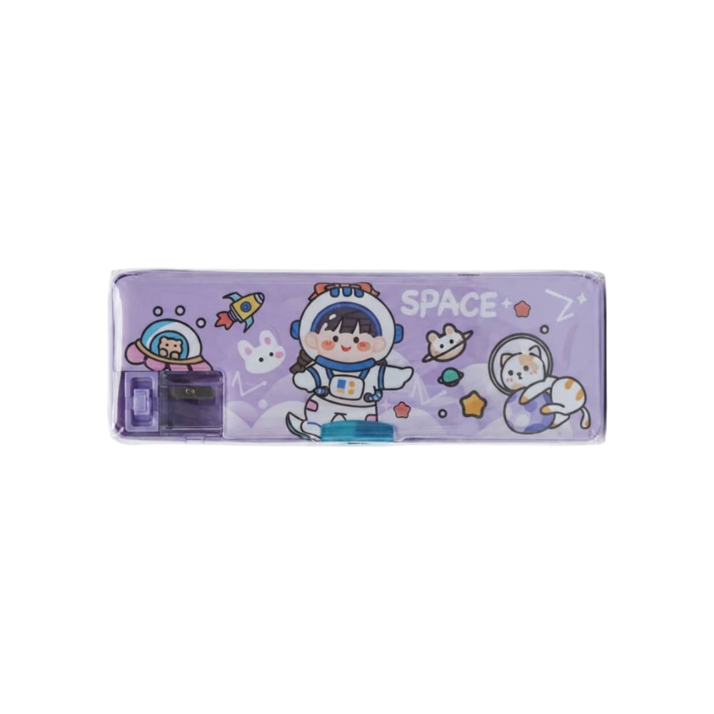 Estuche escolar para lápices de plástico con sacapuntas morado con diseño del espacio Gutza - Imagen 1