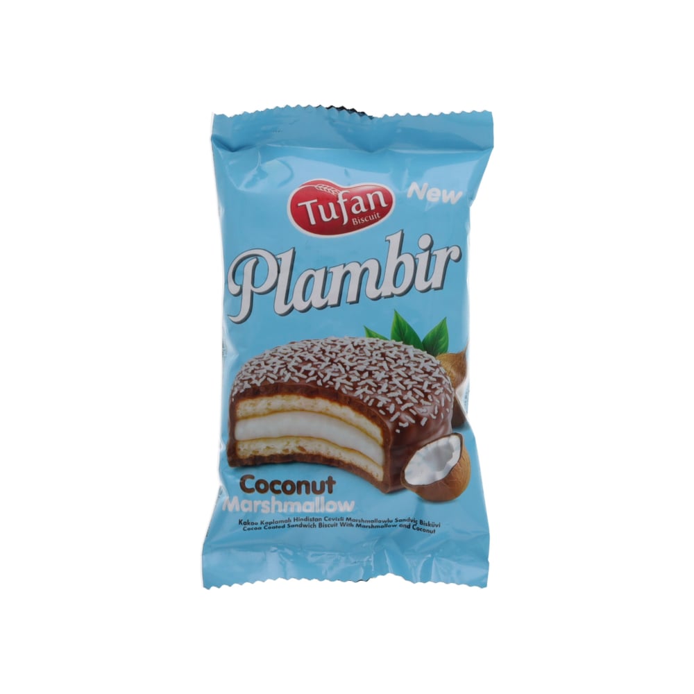 Pastel sándwich cubierto de chocolate con malvavisco y coco Tufan Plambir (25 g) - Imagen 1