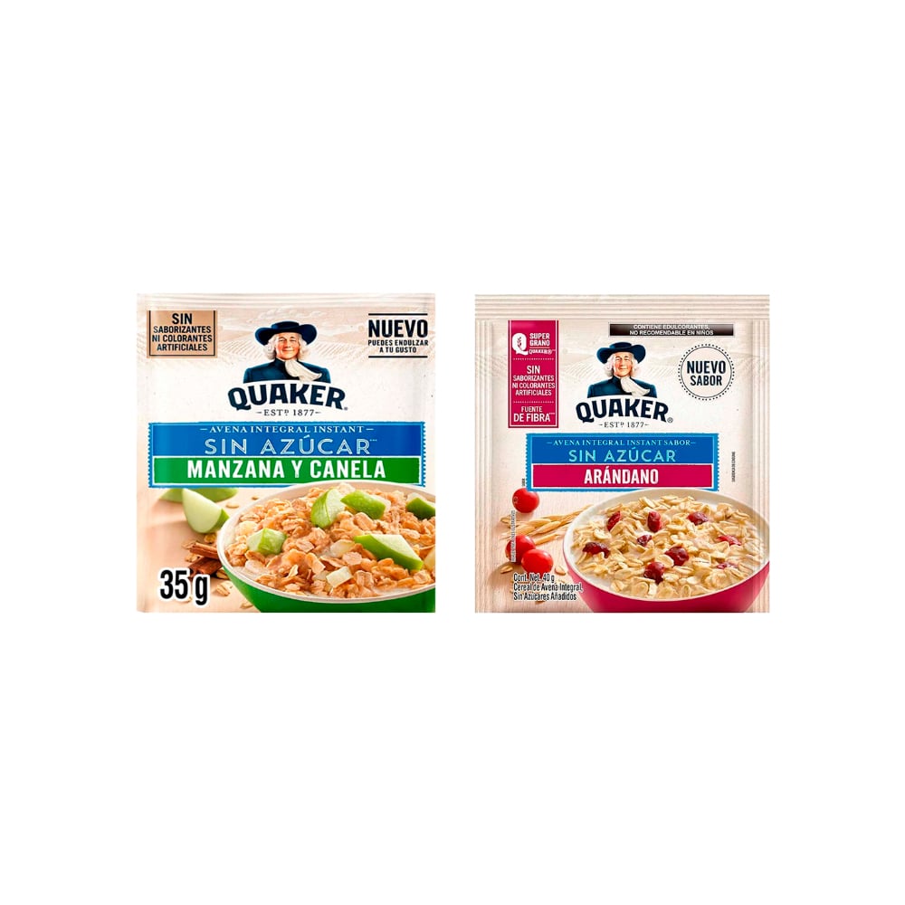 Combo de cereal para desayuno sin azúcar quaker sabor arándanos (35 g / 1.23 oz) + manzana y canela (35 g / 1.23 oz) - Imagen 1