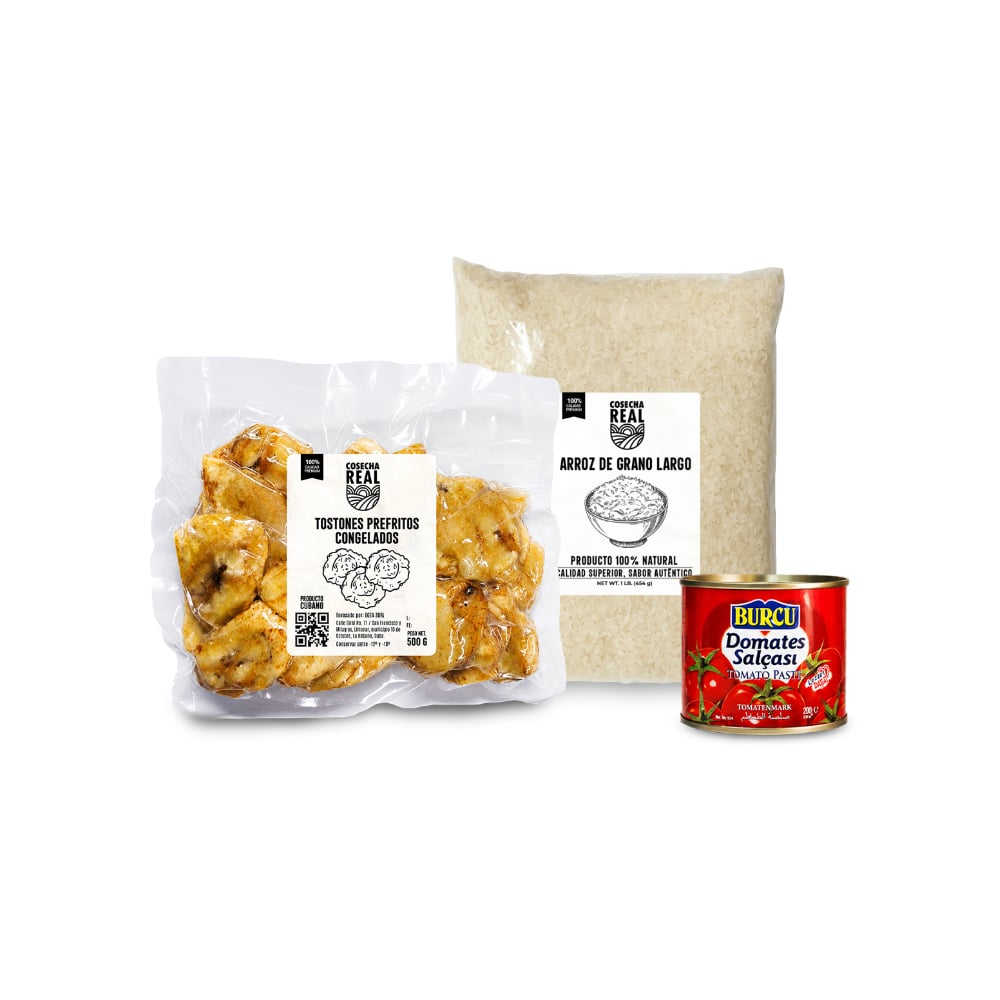 Combo criollo #9: Tostones prefritos congelados Cosecha Real + Arroz de grano largo Cosecha Real + Pasta de tomate Burcu - Imagen 1