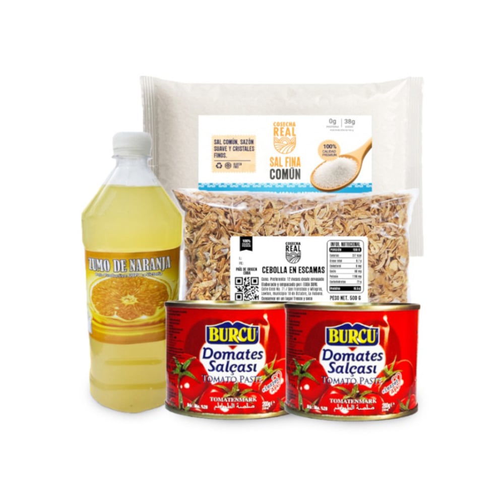 Combo para sopas #3: Zumo de naranja + Sal fina común Cosecha Real+ Pasta de tomate Burcu + Cebolla en escamas Cosecha Real - Imagen 1