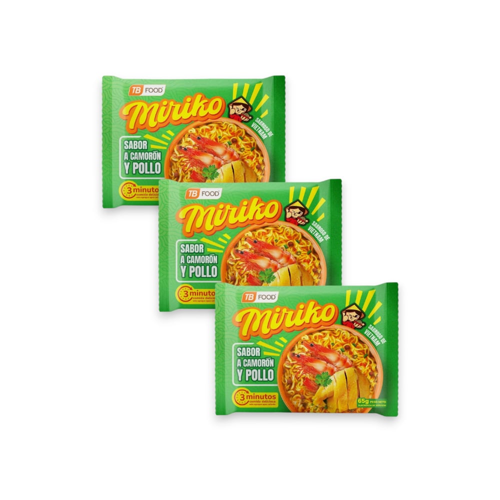 Sopa instantánea de fideos sabor a camarón y pollo Miriko (3 x 65 g / 2.29 oz) - Imagen 1