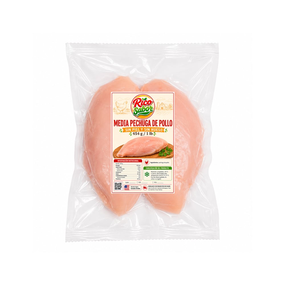 Media pechuga de pollo sin piel y sin hueso Rico Sabor (454 g / 1 lb) - Imagen 1