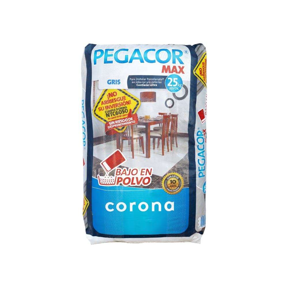 Cemento cola gris para instalación de porcelanato en interior y exterior Pegacor Corona (25 kg / 55.12 lb) - Imagen 1