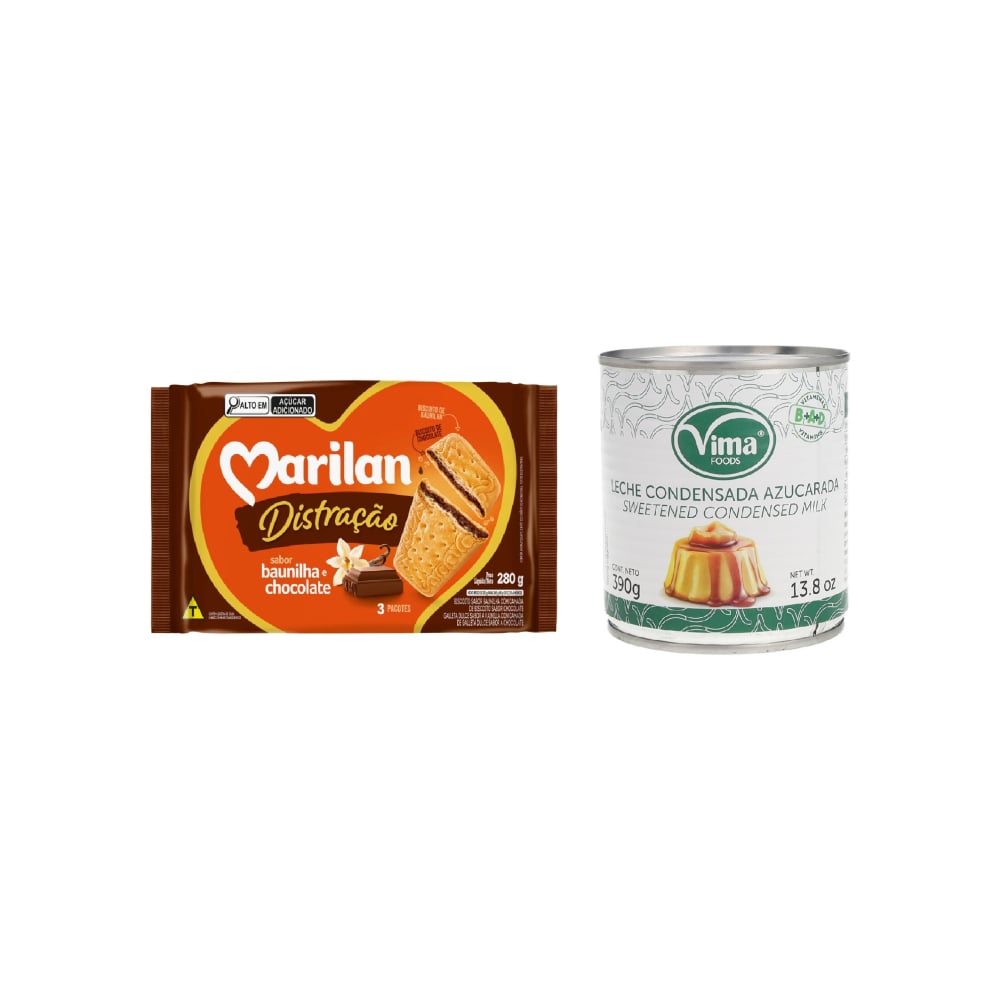 Leche condensada azucarada Vima Foods (390 g / 13.8 oz) + Galleta triple capa sabor vainilla con chocolate Distracao Marilan (280 g / 9.88 oz) - Imagen 1