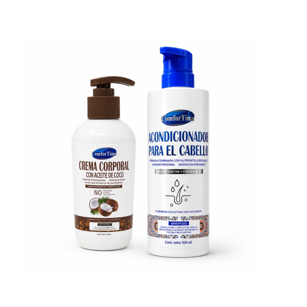 Combo Crema corporal con aceite de coco (300 ml / 10.14 oz) + Acondicionador para el cabello 100% natural Comfortime (500 ml) - Imagen 1