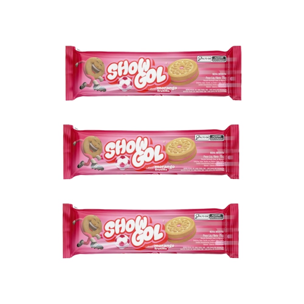 Galletas sabor vainilla rellenas con crema sabor a fresa Show Gol (3 x 76 g / 2.68 oz) - Imagen 1