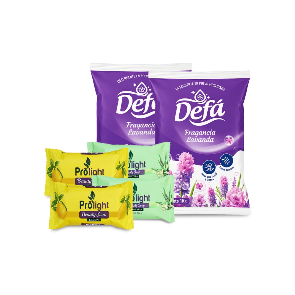 Combo Aseo y Limpieza #7: Detergente en polvo multiusos fragancia de lavanda Defá + Jabón de belleza con fragancia aloe vera Prolight + Jabón de belleza con fragancia a limón Prolight - Imagen 1