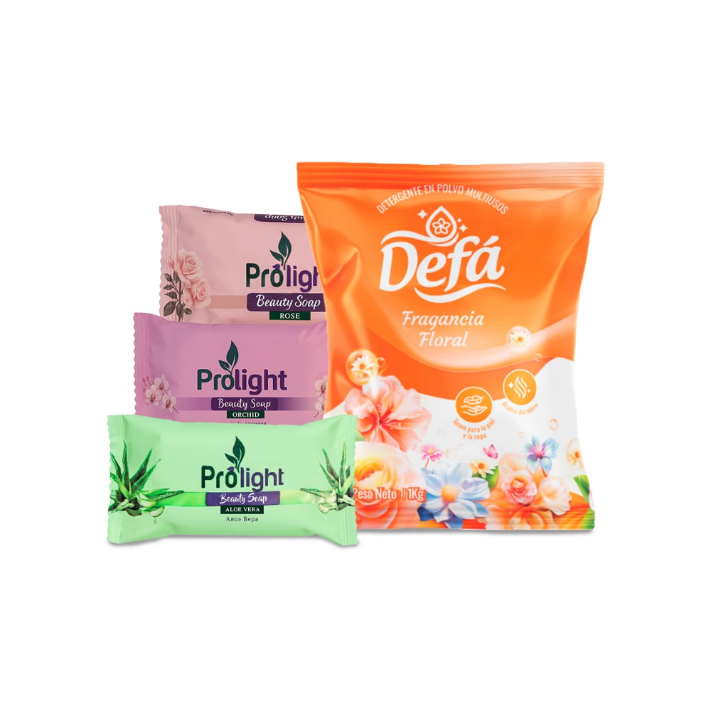 Combo de jabones y detergentes #6: Detergente en polvo multiusos fragancia floral Defá + Jabón de belleza Prolight - Imagen 1