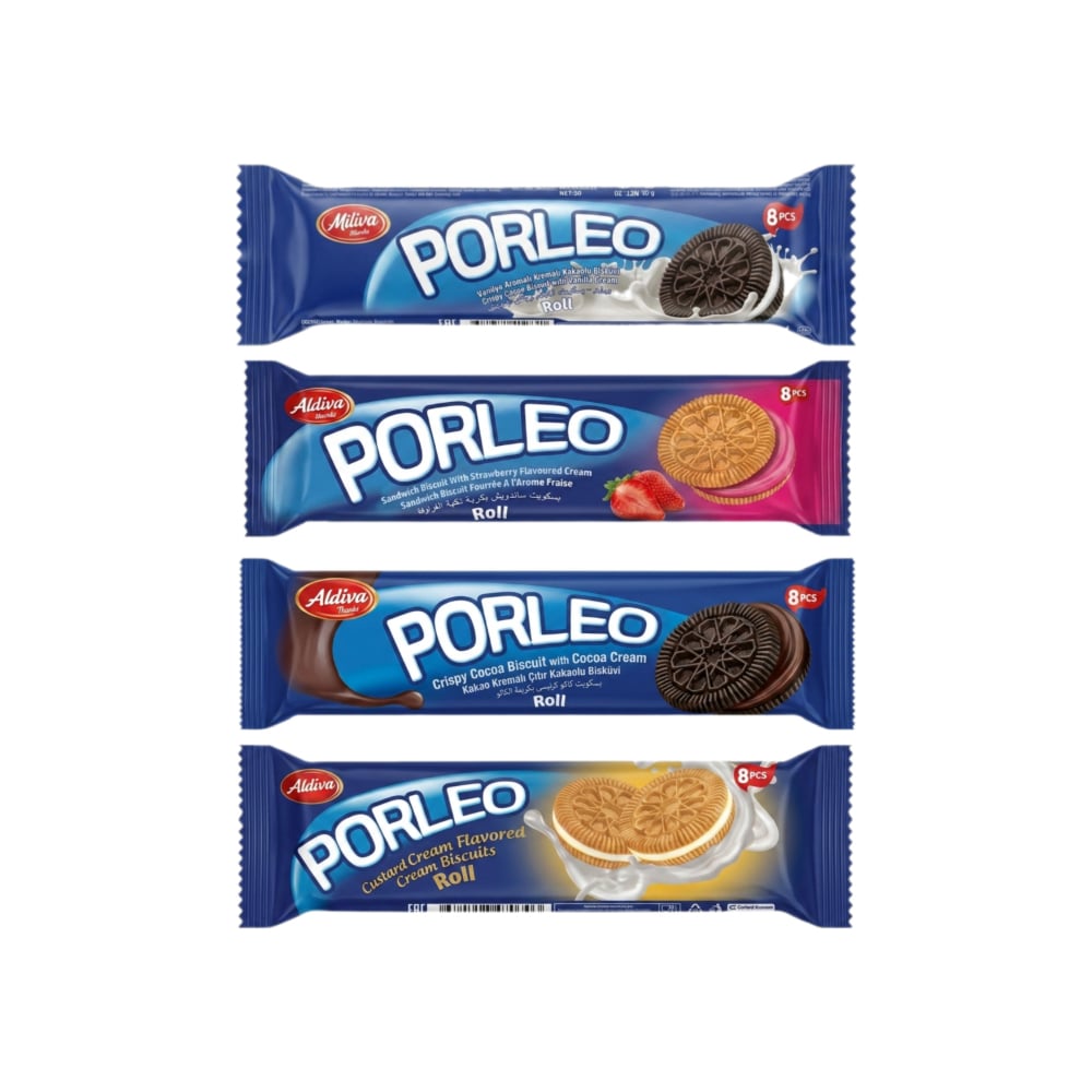 Galletas Porleo X4: Galleta de vainilla con crema de vainilla + Galleta de vainilla con crema de fresa + Galleta de chocolate con crema de vainilla + Galleta de chocolate con crema de chocolate - Imagen 1