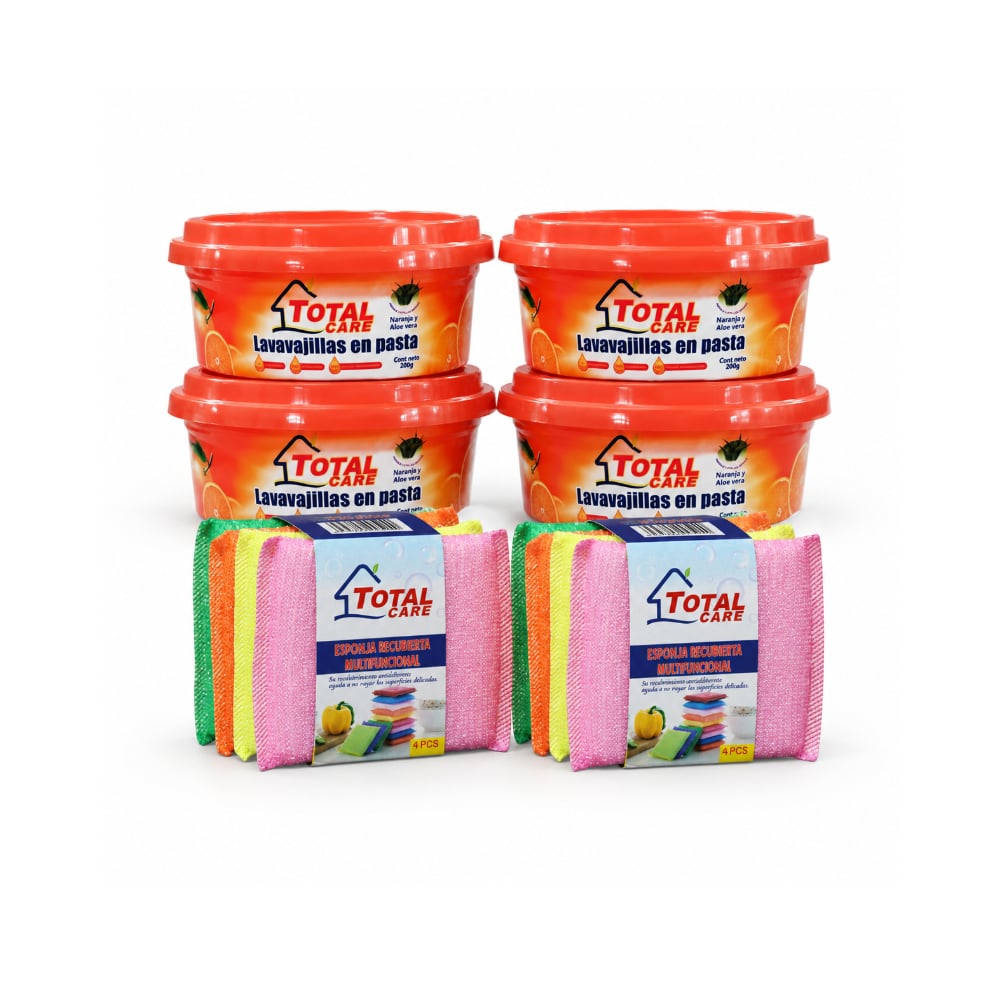 Combo Lavavajillas en pasta con fragancia a naranja y aloe vera Total Care (4 x 200 g / 7.05 oz)  + Estropajo para cocina 4 piezas (2 x 4 piezas) - Imagen 1
