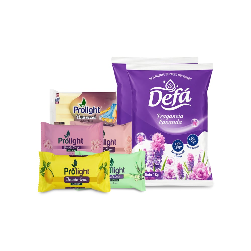 Combo Aseo y Limpieza #2: Detergente en polvo multiusos fragancia de lavanda Defá + Jabones de belleza Prolight + Jabón de lavar con enzimas Prolight - Imagen 1