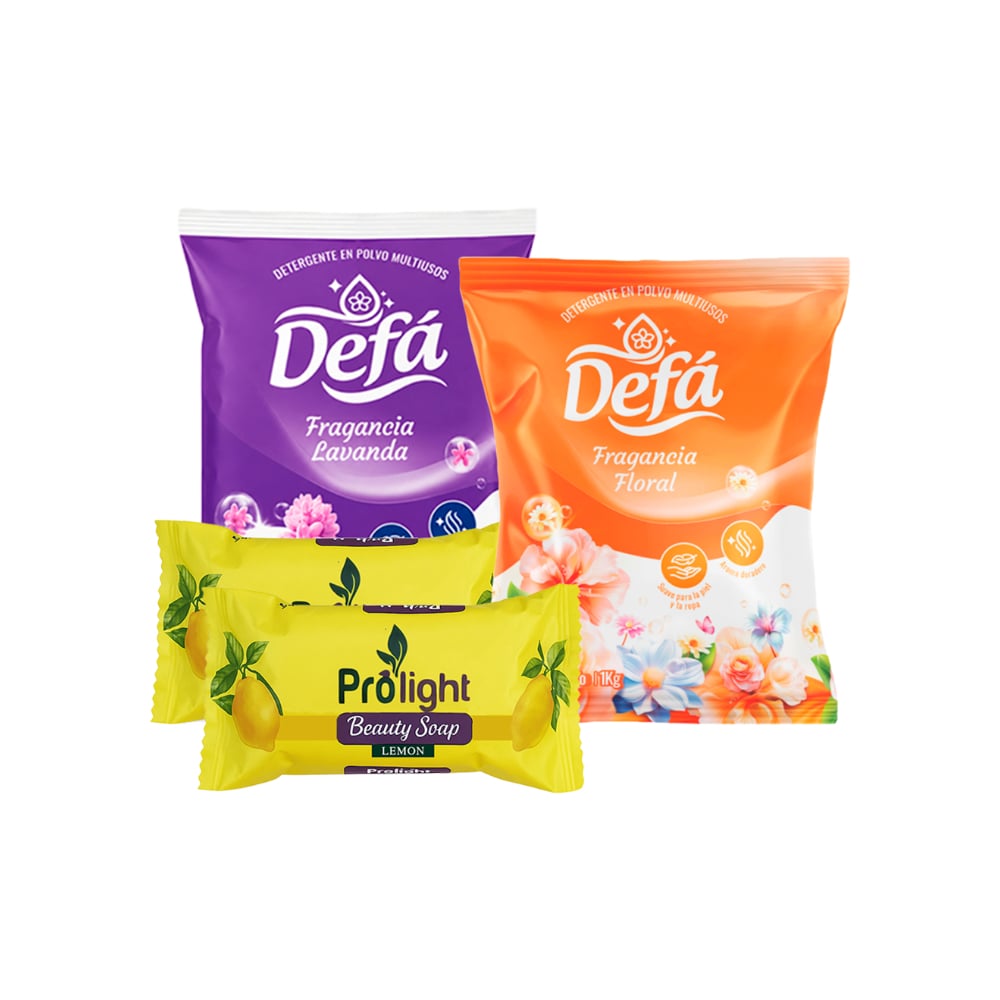 Combo de jabones y detergentes #4: Detergente en polvo multiusos fragancia floral Defá + Detergente en polvo multiusos fragancia de lavanda Defá + Jabón de belleza Prolight - Imagen 1