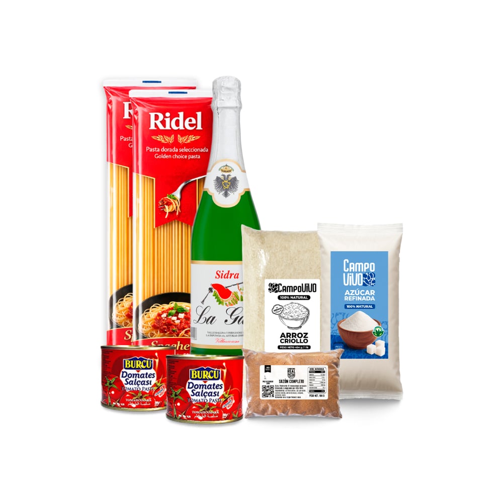 Compra de la semana: Espaguetis Ridel + Pasta de tomate Burcu + Sidra La Gaita + Arroz criollo Campo Vivo + Azúcar blanca refina Campo Vivo + Sazón completo Cosecha Real - Imagen 1