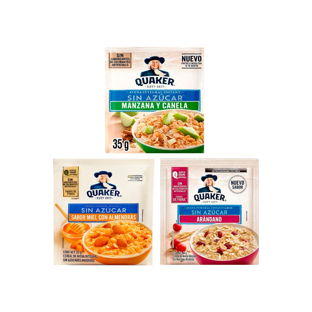 Combo de cereal para desayuno sin azúcar quaker sabor arándanos (40 g / 1.41 oz) + manzana y canela (35 g / 1.23 oz) + miel con almendras (35 g / 1.23 oz) - Imagen 1