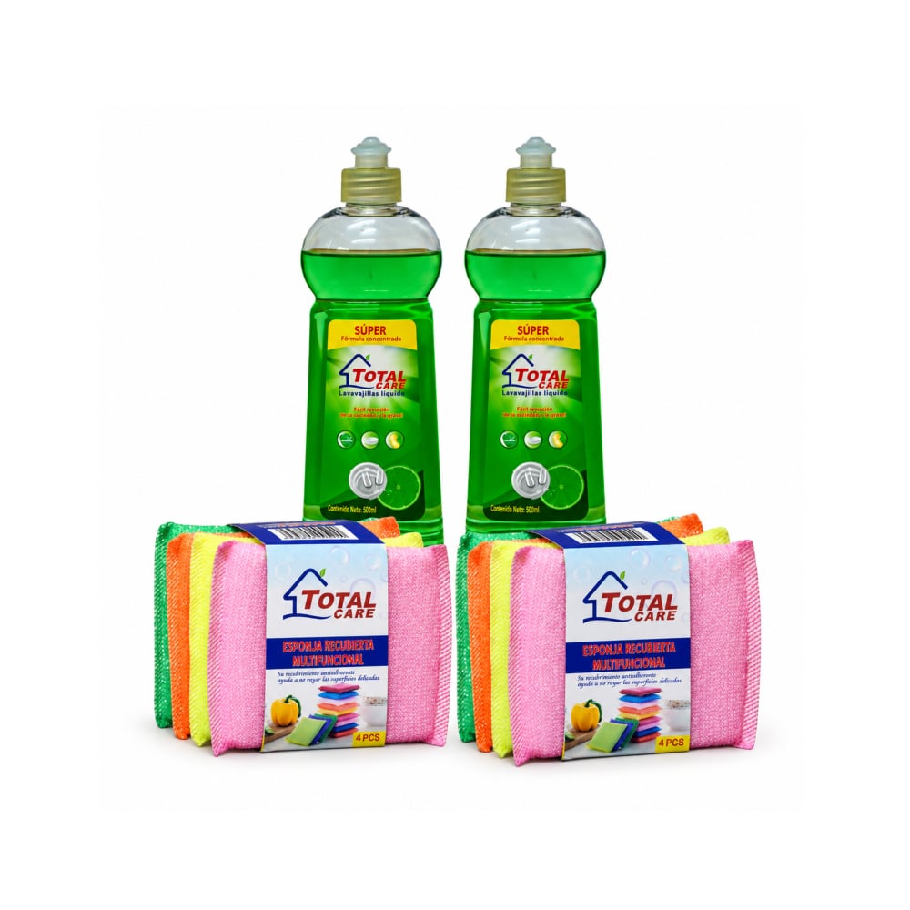 Combo Lavavajillas líquido Total Care (2 x 500 ml / 16.91 fl oz) + Estropajo para cocina 4 piezas (2 x 4 piezas) - Imagen 1