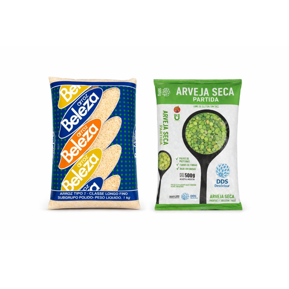 Arroz tipo 2 Beleza (1 kg / 2.20 lb) + Chícharos verdes partidos DDS Desdelsur (500 g / 1.10 lb) - Imagen 1