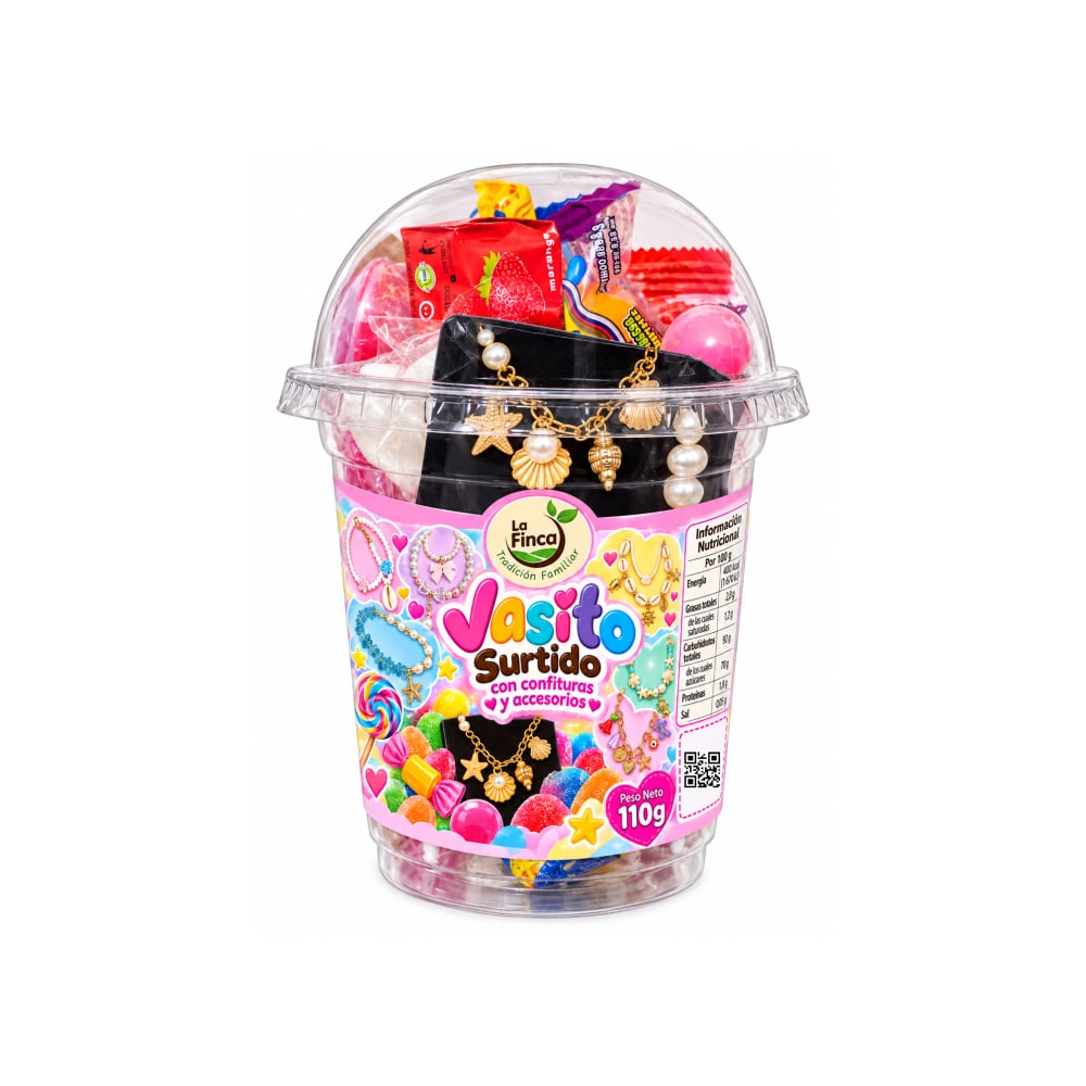 Vaso sorpresa surtido de confituras, accesorios y juguetes con dulce La Finca (110 g / 3.8 oz) - Imagen 1