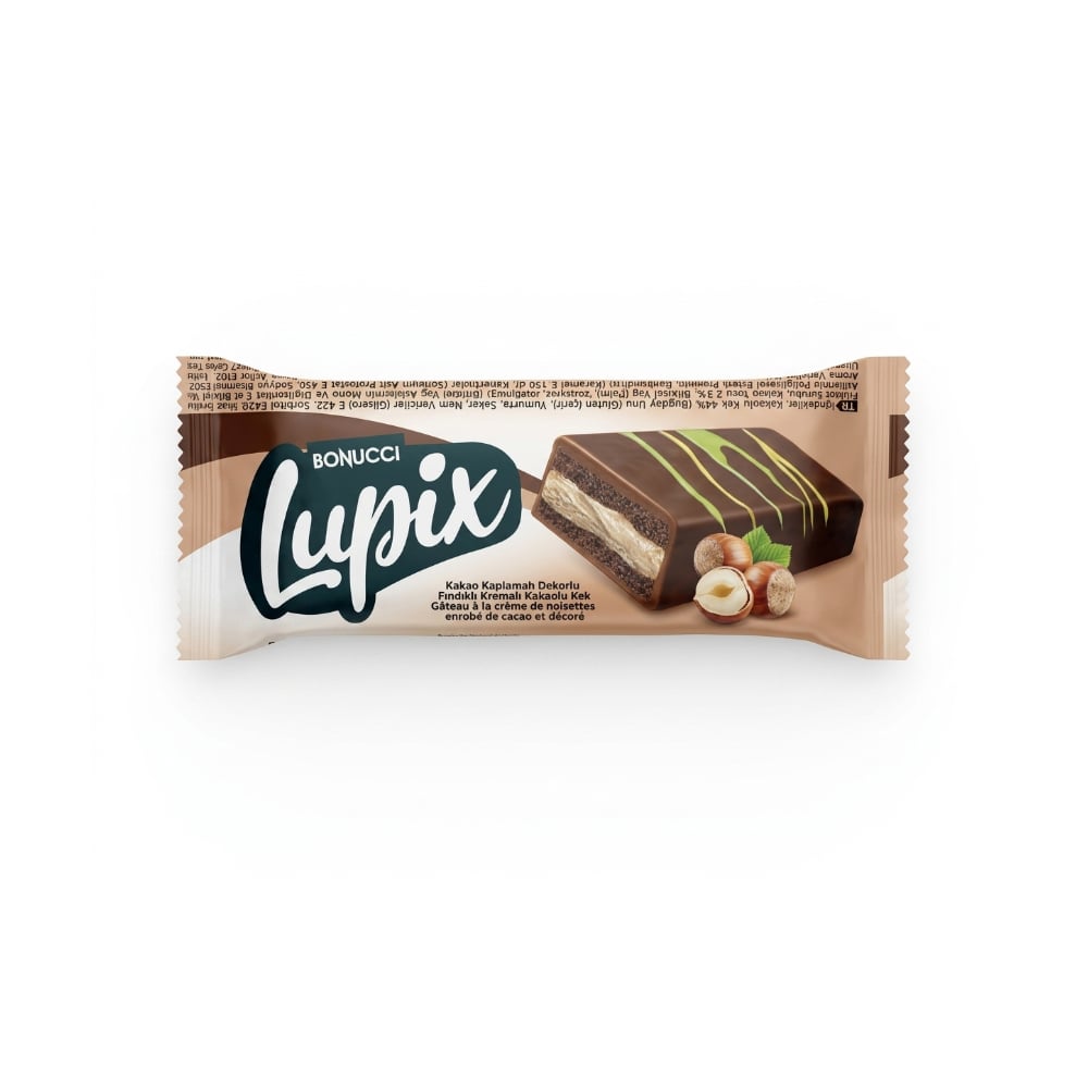 Pastel de chocolate relleno y decorado con crema de avellanas y pistacho Lupix Bonucci (40 g / 1.41 oz) - Imagen 1
