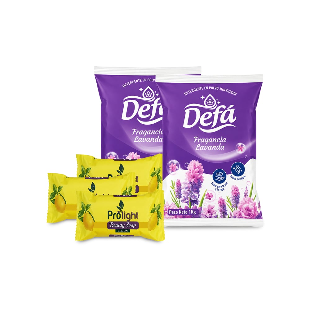 Combo Aseo y Limpieza #8: Detergente en polvo multiusos fragancia de lavanda Defá + Jabones de belleza con fragancia a limón Prolight - Imagen 1