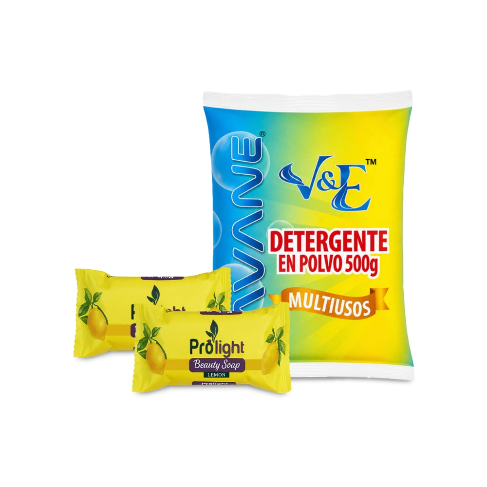 Combo básico de higiene y limpieza #5: Detergente en polvo multiuso con aroma floral Lavane + Jabón de belleza con fragancia a limón Prolight - Imagen 1
