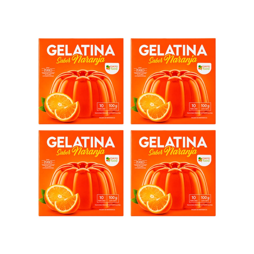 Gelatina sabor naranja Macro Food (4 x 100 g / 3.5 oz) - Imagen 1