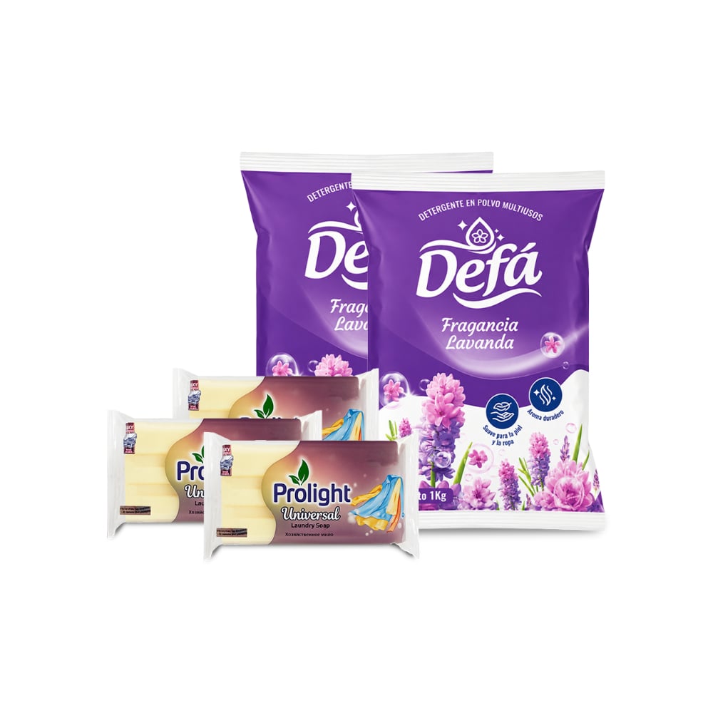 Combo Aseo y Limpieza #6: Detergente en polvo multiusos fragancia de lavanda Defá + Jabones de lavar con enzimas Prolight - Imagen 1