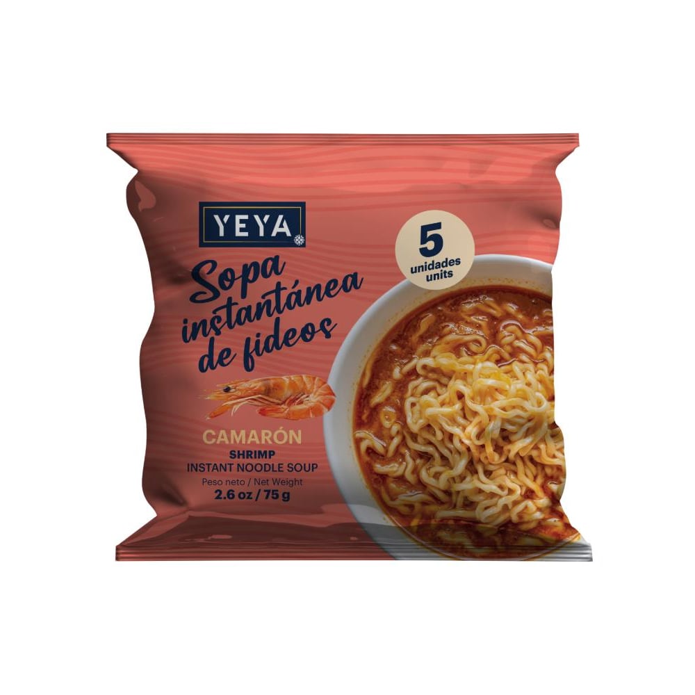 Sopa instantánea de fideos con sabor a camarón YEYA (5 x 75 g / 2.6 oz) - Imagen 1