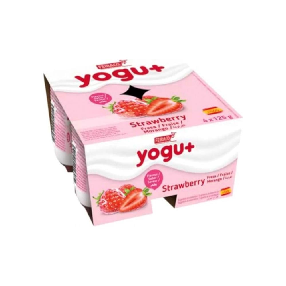 Yogur pasteurizado sabor a fresa Yogu+ Feiraco (4 x 125 g / 4.40 oz) - Imagen 1