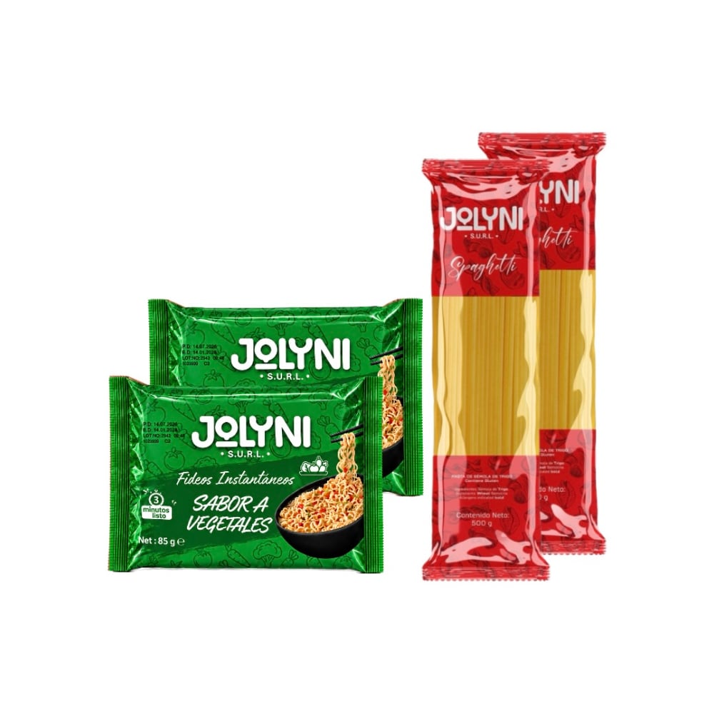 Mixto de fideo y pasta: Sopa de fideos instantáneos sabor a vegetales Jolyni (2 x 85 g / 3 oz)  + Spaghetti Jolyni (2 x 500 g / 17.63 oz) - Imagen 1