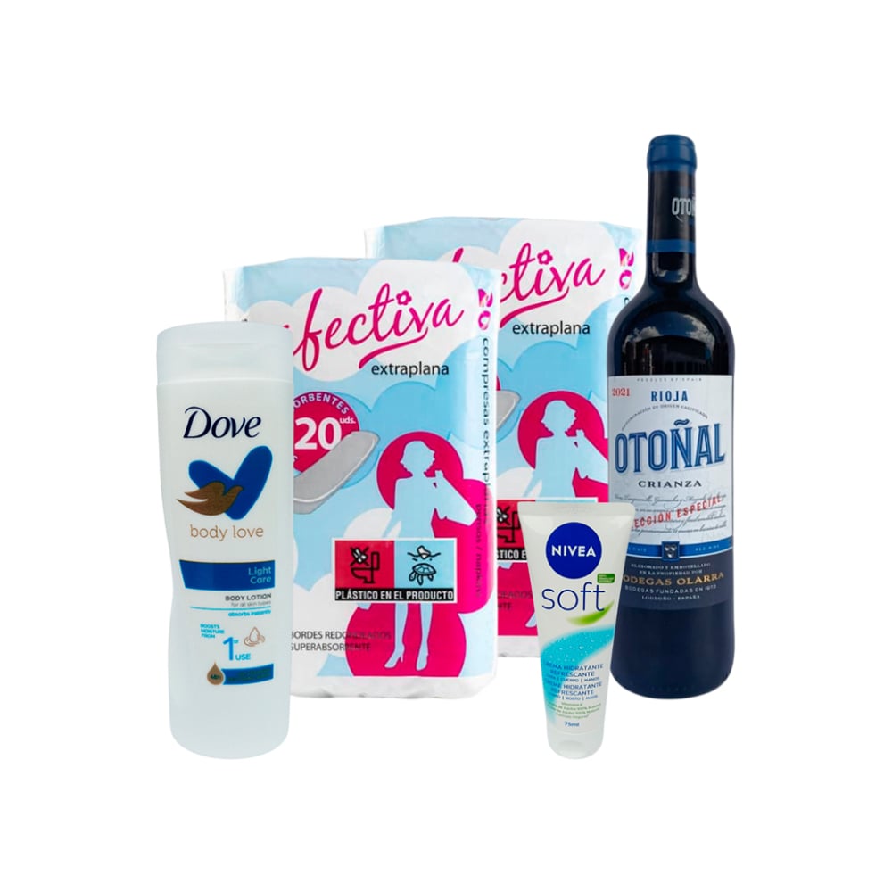 Combo: Compresas extraplanas + Vino tinto + Crema hidratante + loción corporal - Imagen 1
