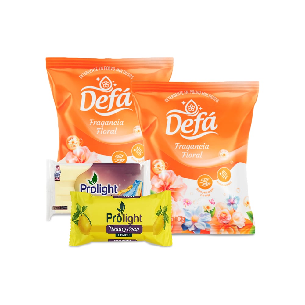 Combo de jabones y detergentes #7: Detergente en polvo multiusos fragancia floral Defá + Jabón de belleza Prolight + Jabón de lavar con enzimas Prolight - Imagen 1