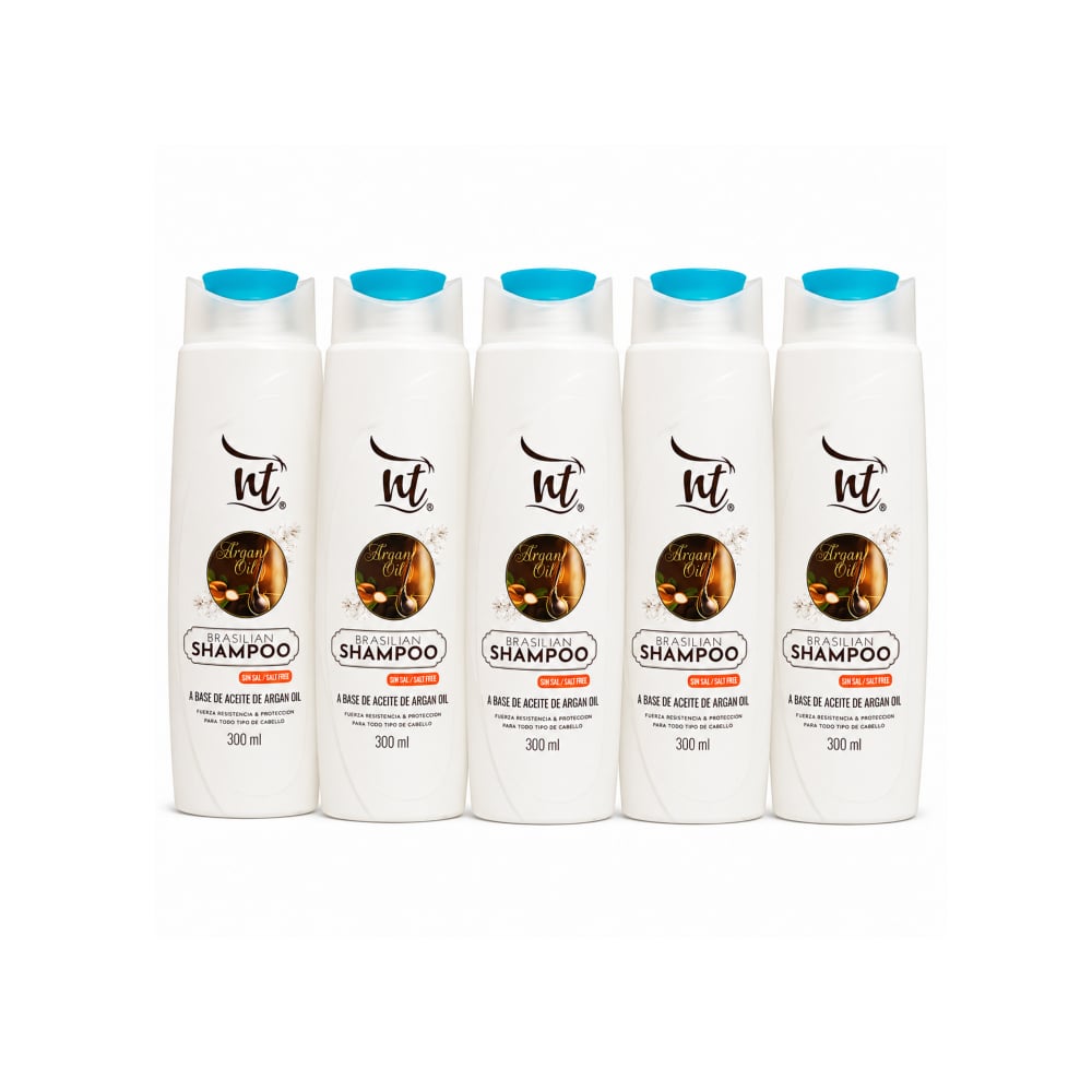 Champú brasileño a base de aceite de argan sin sal NT (5 x 300 ml / 10.58 fl.oz) - Imagen 1