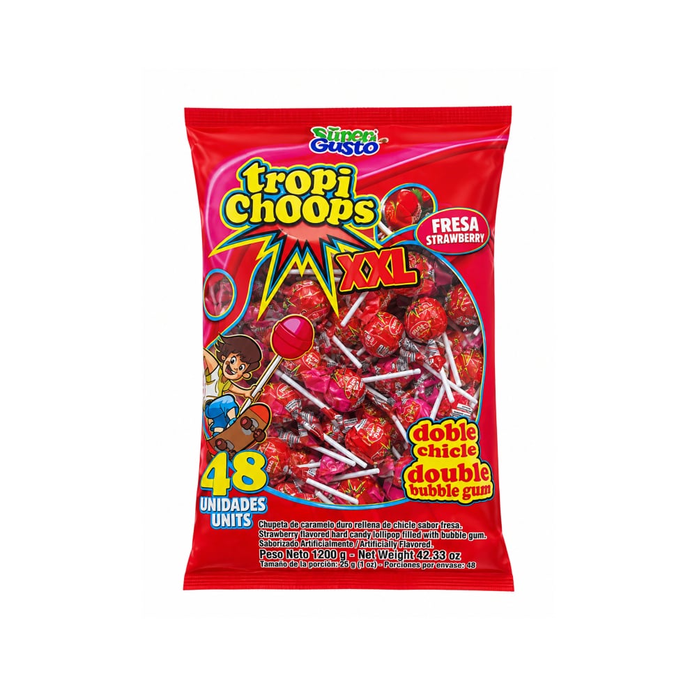 Paquete de chupa chupa XXL relleno de chicle sabor fresa Tropi Gusto (1.2 kg / 2.64 lb) - Imagen 1