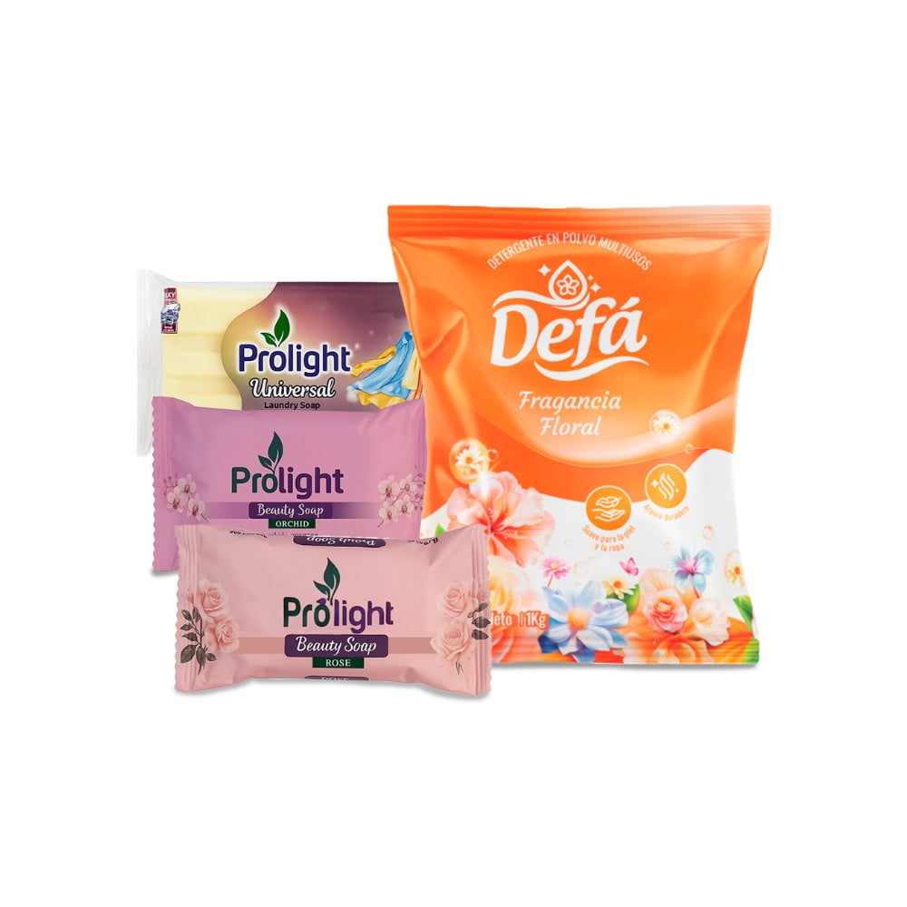 Combo de jabones y detergentes #9: Detergente en polvo multiusos fragancia floral Defá + Jabón de belleza Prolight + Jabón de lavar con enzimas Prolight - Imagen 1