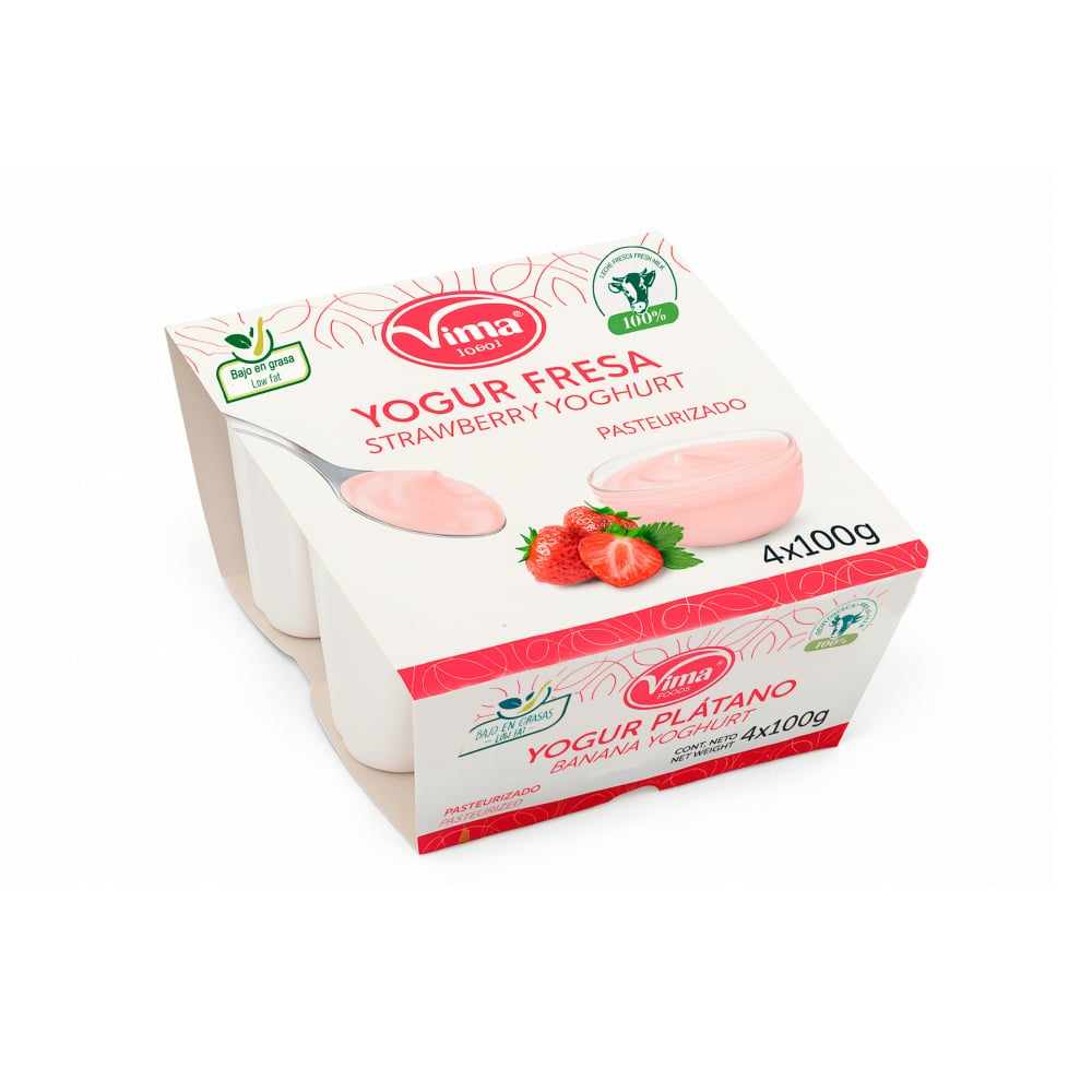 Yogurt pasteurizado sabor fresa Vima Foods (4 x 100 g / 3.53 oz) - Imagen 1
