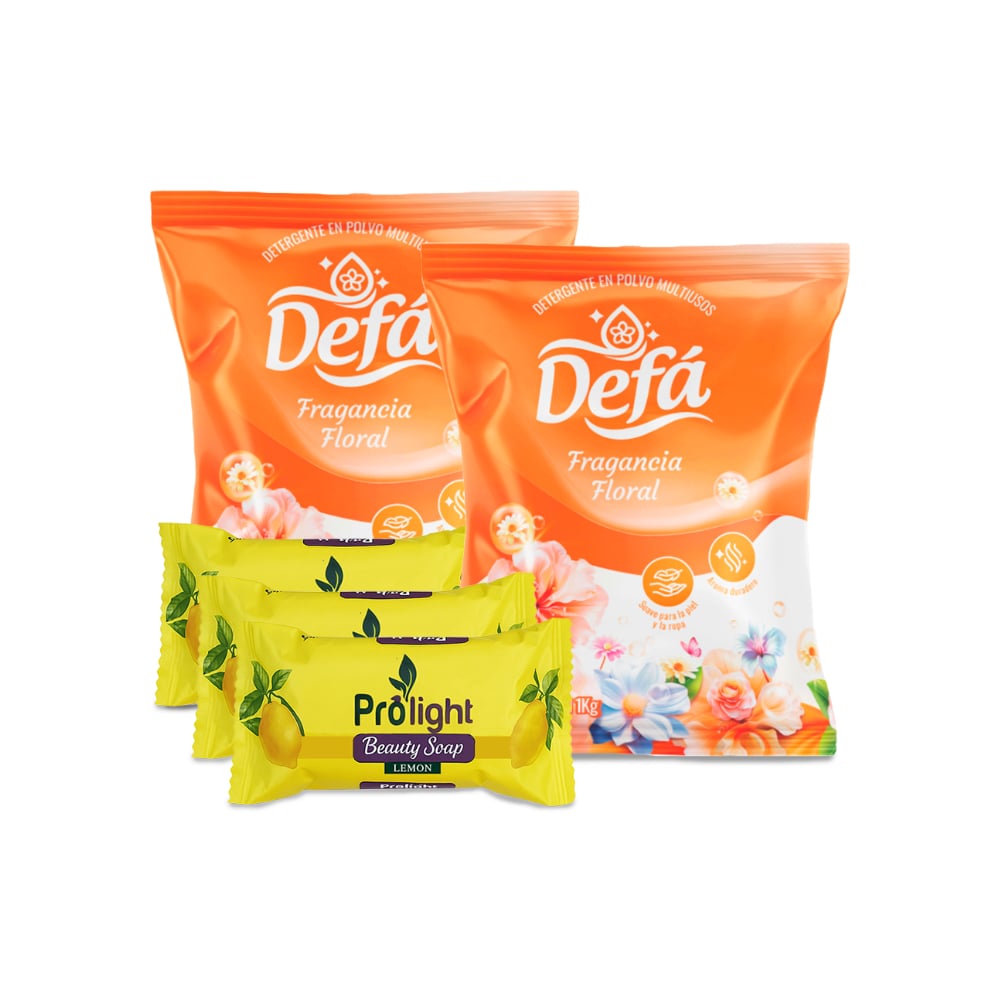 Combo de jabones y detergentes #3: Detergente en polvo multiusos fragancia floral Defá + Jabón de belleza con fragancia a limón Prolight - Imagen 1