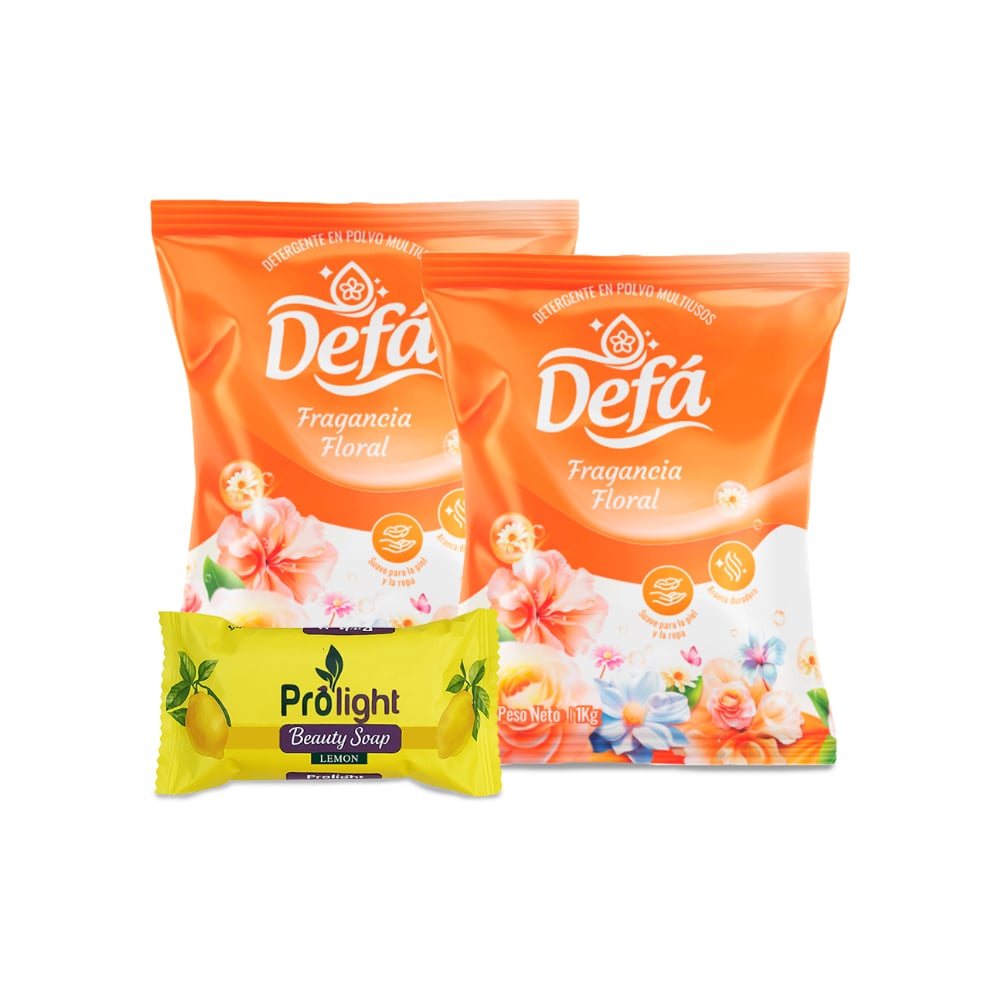Combo de jabones y detergentes #1: Detergente en polvo multiusos fragancia floral Defá + Jabón de belleza con fragancia a limón Prolight - Imagen 1